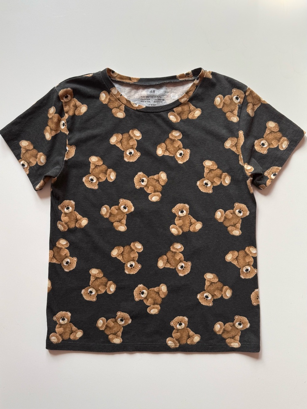 H&M Girls Black T-Shirt with Brown Teddy Bear Print - Size 8/10